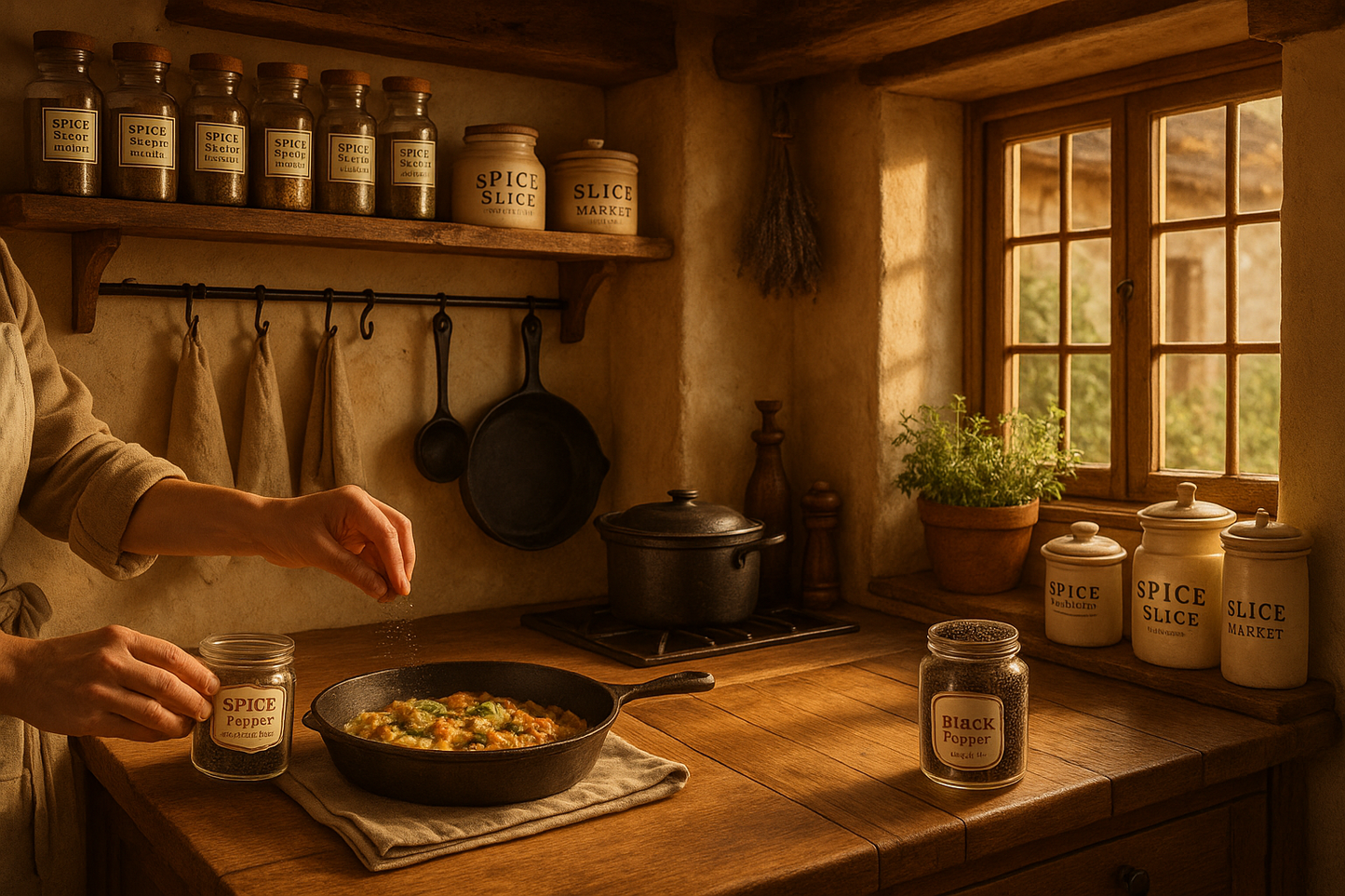 Cozy French kitchen with chef preparing dish