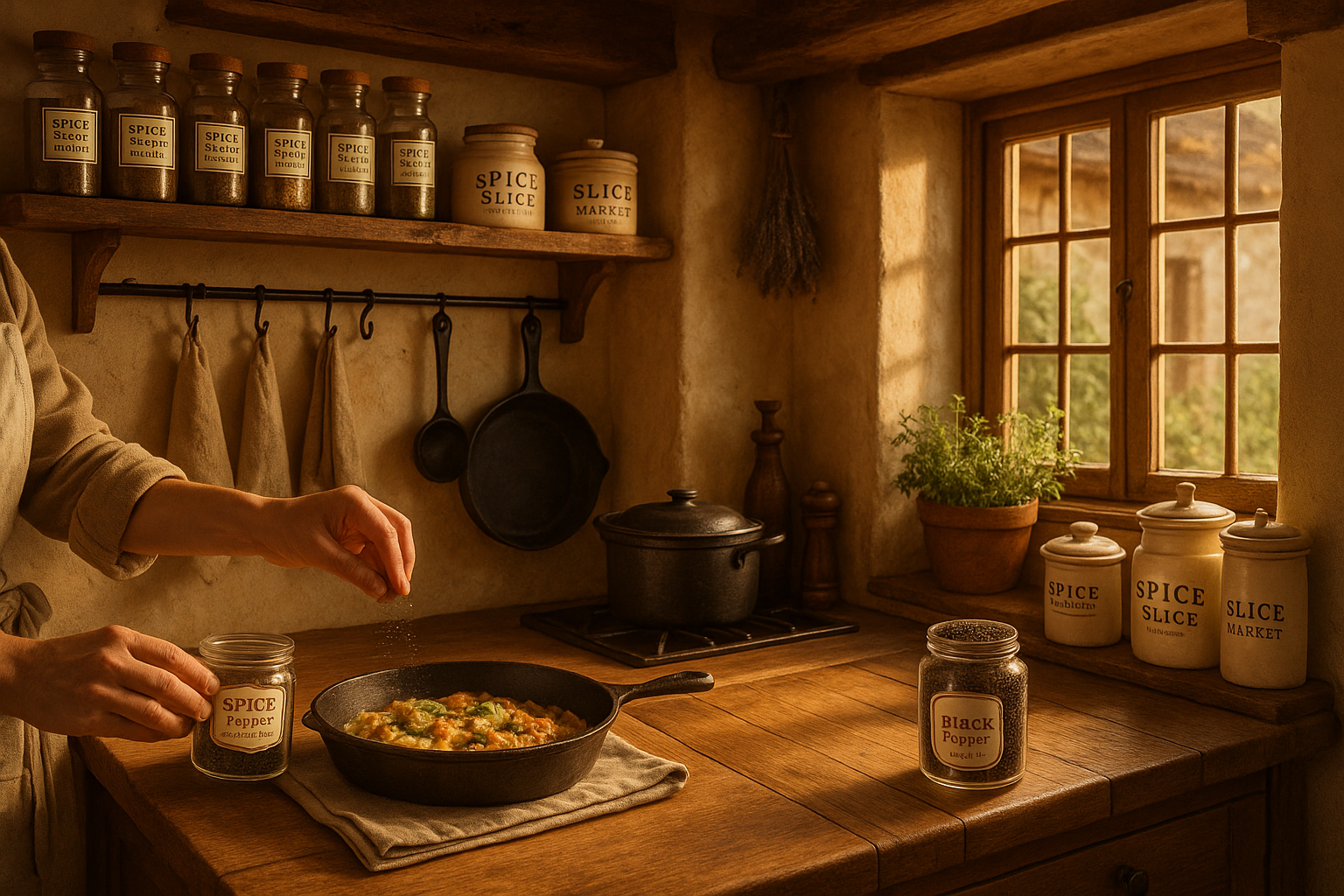 Cozy French kitchen with chef preparing dish