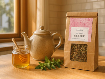 Herbal tea blend bag, teapot, honey jar, and mint on a sunny kitchen countertop