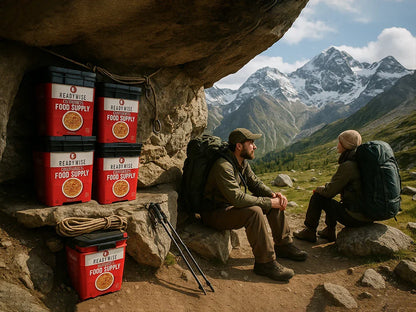 Hikers rest by ReadyWise food supply containers under a rocky shelter in the mountains