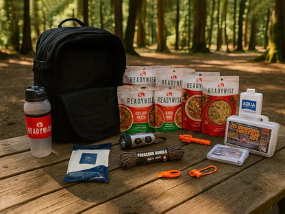 Emergency survival kit with ReadyWise food packs, backpack, and supplies on picnic table in forest