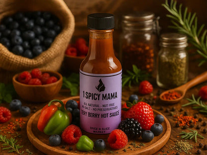 1 Spicy Mama hot sauce bottle with berries, peppers, and spices on a wooden table