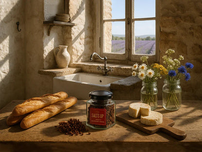 Rustic kitchen with fresh baguettes, cheese, SALTS UP jar, wildflowers, and a lavender field view