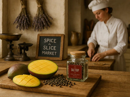 Malabar green peppercorns in eco-friendly packaging on rustic kitchen counter
