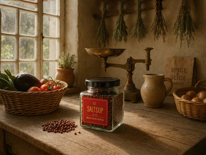Rustic kitchen scene with SALTSUP Melec Uta Pepper jar, spices, fresh vegetables, and eggs