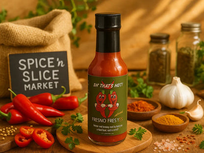 Fresno hot sauce bottle with chili peppers, garlic, spices, and Spice 'n Slice Market sign