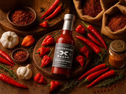 Horseshoe Brand Xaxtra hot sauce bottle surrounded by fresh chili peppers, garlic, and spices