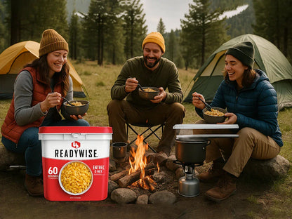 Three people camping in forest eating ReadyWise macaroni near campfire with tents and cooking stove