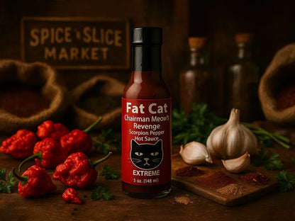 Fat Cat Chairman Meow's Revenge Scorpion Pepper hot sauce bottle with peppers, garlic, spices