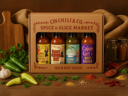 Cin Chili & Co. mild hot sauce gift set with four bottles, fresh peppers and spices