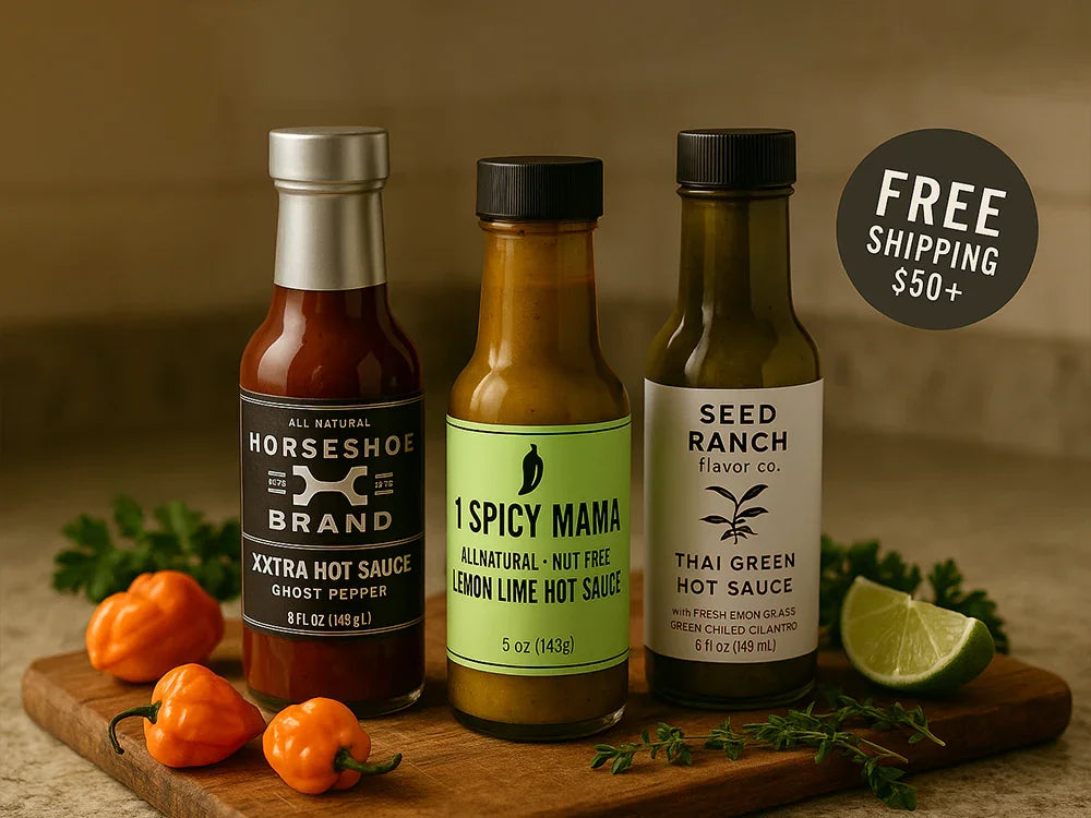 Three hot sauce bottles on wooden board with habanero peppers, lime wedge, and herbs, free shipping $50+
