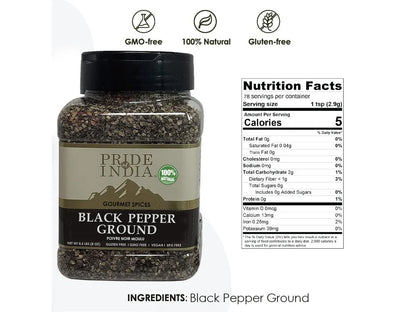 Pride of India ground black pepper spice jar with nutrition facts and GMO-free, 100% natural, gluten-free icons