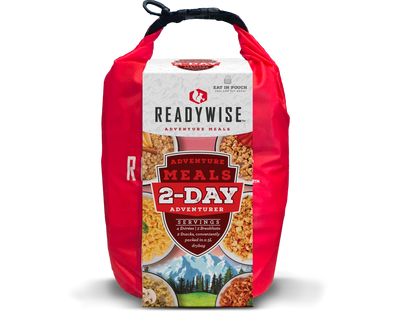 ReadyWise Adventure Meals 2-Day Adventurer kit in red dry bag, camping food pack