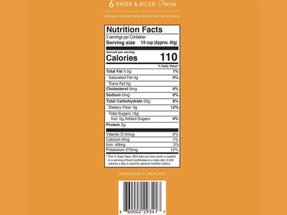 Nutrition facts label for dried and diced peaches, orange background, barcode visible