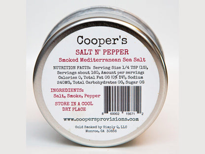Cooper's Salt N' Pepper smoked Mediterranean sea salt container with nutrition facts and ingredients label