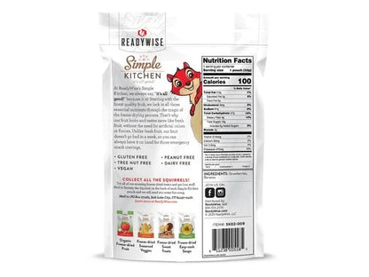 ReadyWise Simple Kitchen freeze-dried strawberries snack bag with nutrition facts