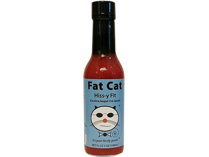 Fat Cat Hiss-y Fit Carolina Reaper hot sauce bottle with blue label and cat graphic