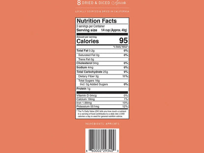 Apricot nutrition facts label on orange background, locally sourced and dried in California