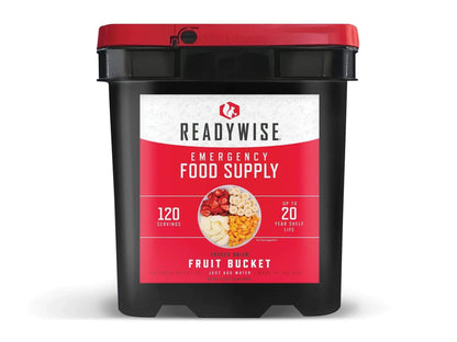 ReadyWise emergency food supply fruit bucket with red lid, 120 servings, 20-year shelf life