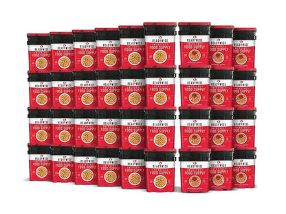 Stacked ReadyWise emergency food supply buckets with red labels for long-term survival storage