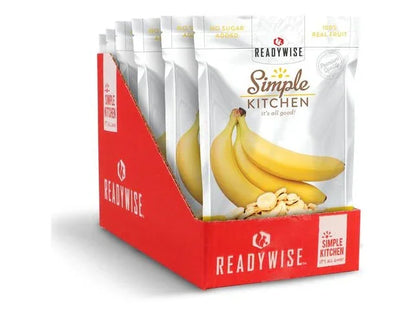 ReadyWise Simple Kitchen freeze-dried banana fruit snacks in white and red packaging with no sugar added