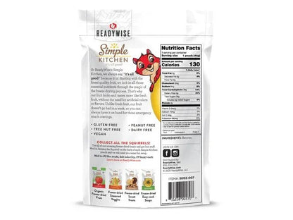 ReadyWise Simple Kitchen freeze-dried banana pack with nutrition facts and allergen info on white background