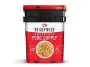 ReadyWise Emergency Food Supply bucket with meal image and servings info on label