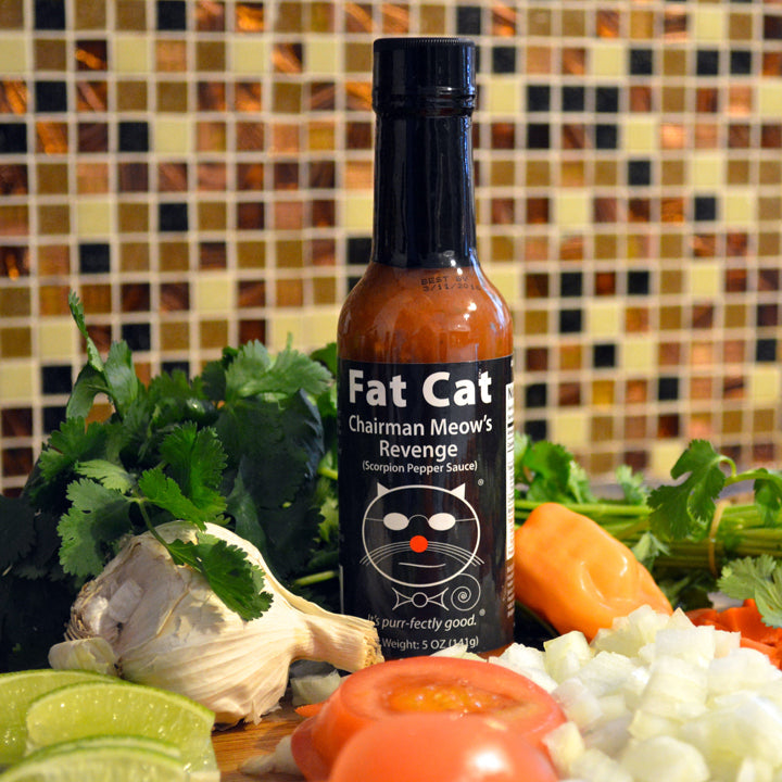 Fat Cat "Chairman Meow's Revenge" Scorpion Pepper Sauce 3-Pack Bundle.