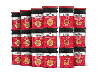 Stacked ReadyWise emergency food supply buckets for long-term survival storage
