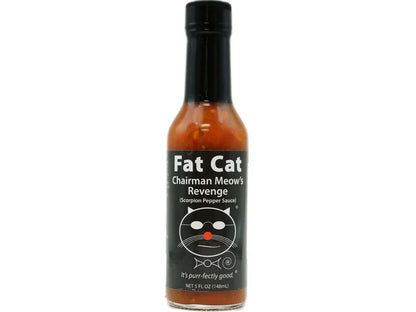 Fat Cat Chairman Meow's Revenge Scorpion Pepper hot sauce bottle with black label