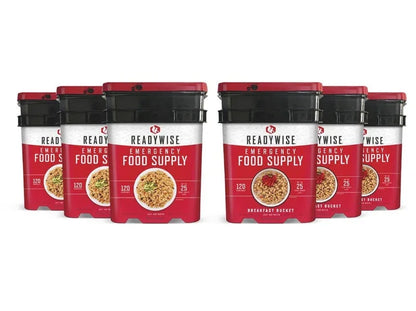 Six ReadyWise emergency food supply buckets lined up, red and black packaging, 120 servings each.