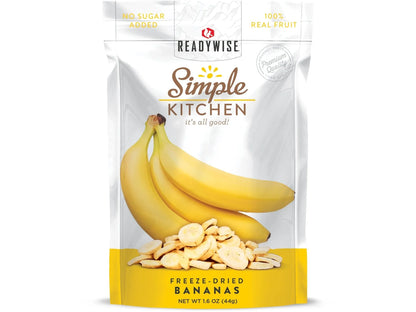 ReadyWise Simple Kitchen freeze-dried bananas package with no sugar added and 100% real fruit