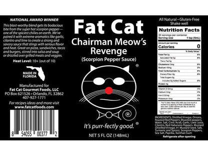 Fat Cat Chairman Meow’s Revenge Scorpion Pepper Sauce label with cat illustration and nutrition facts