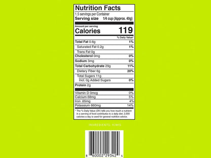 Kiwi dried fruit nutrition facts label on bright green background with barcode