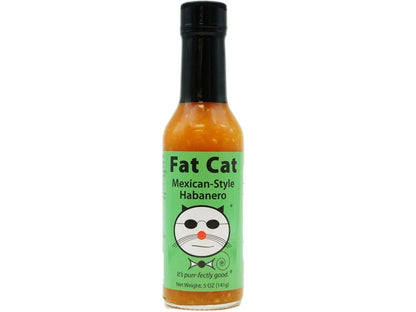 Fat Cat Mexican-Style Habanero hot sauce bottle with green label and cat logo