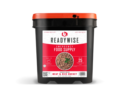 ReadyWise emergency food supply meat and rice bucket with red lid, freeze dried, 25-year shelf life