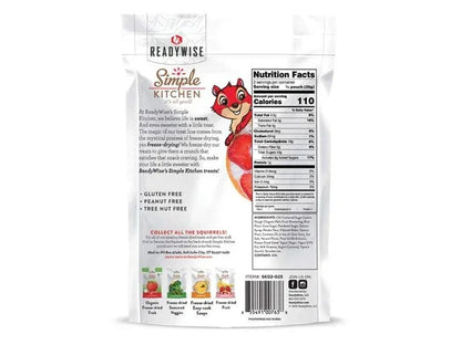 ReadyWise Simple Kitchen freeze-dried apples snack bag with nutrition facts and cartoon squirrel
