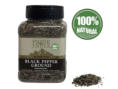 Pride of India gourmet ground black pepper jar with 100% natural label and loose pepper pile