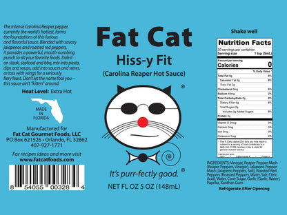 Fat Cat Hissy Fit Carolina Reaper hot sauce label, cat face logo, extra hot, nutrition facts