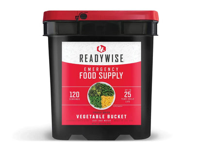 ReadyWise emergency food supply vegetable bucket, 120 servings, freeze-dried, black and red container