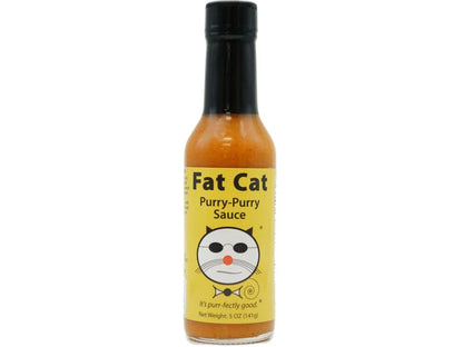 Fat Cat Purry-Purry Sauce bottle with yellow label and cat graphic on white background