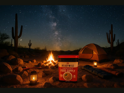 Desert night camping with tent, campfire, ReadyWise emergency food supply, and starry sky