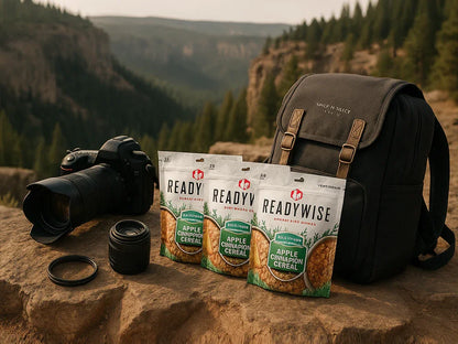 ReadyWise Apple Cinnamon Cereal packs, camera, and backpack on rocky outdoor cliff