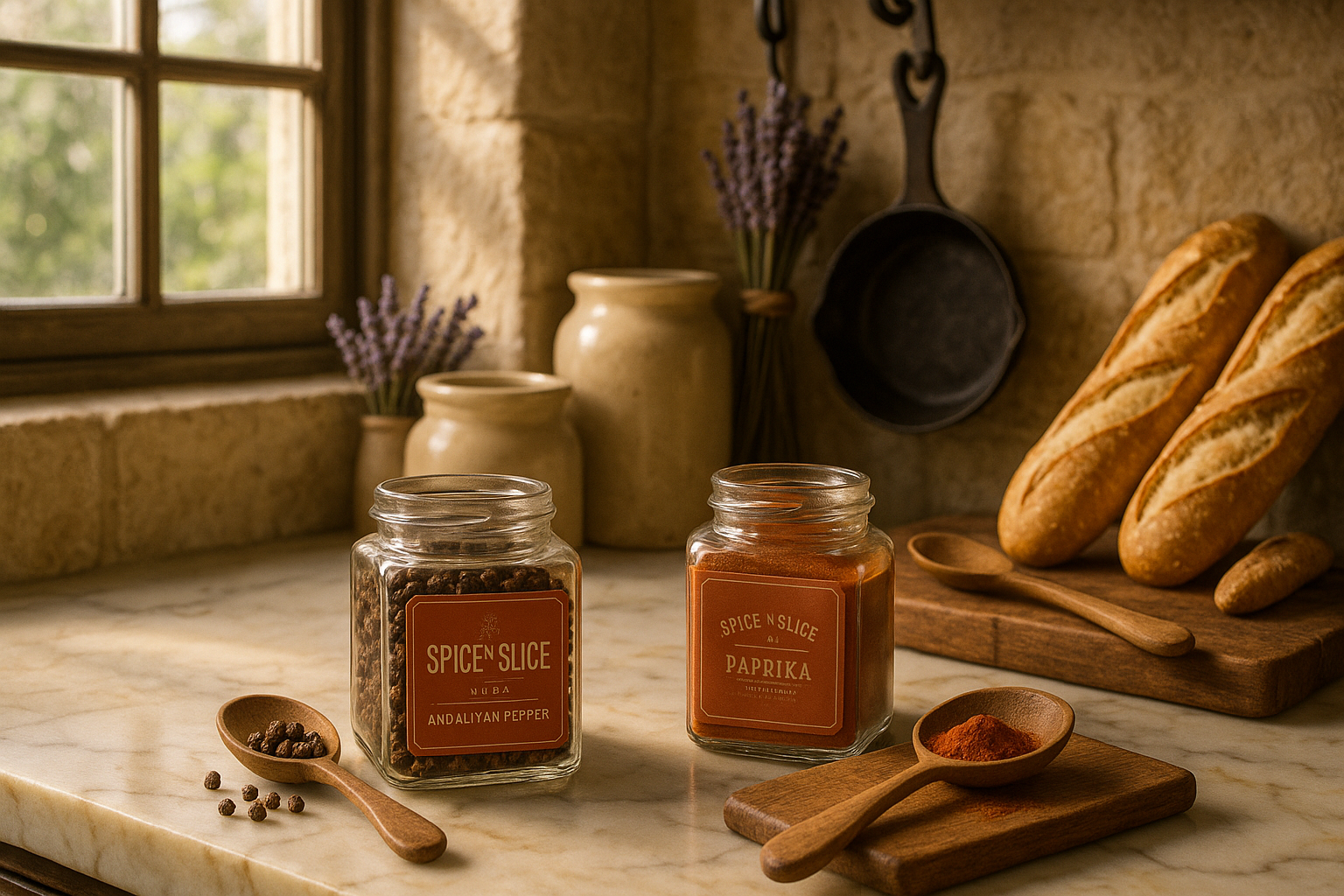 Elegant French kitchen with artisanal spice display