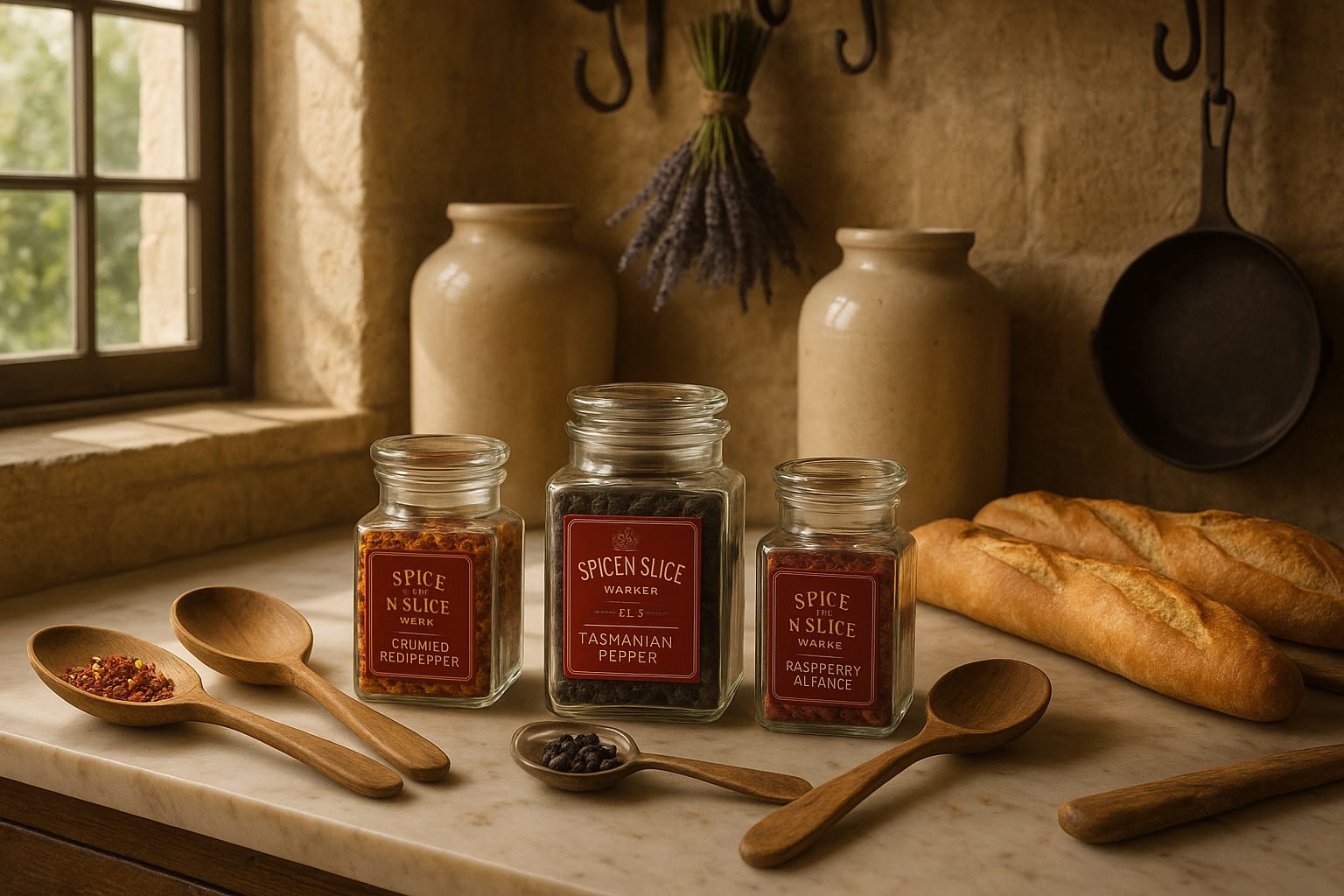Elegant French kitchen with artisanal spice display