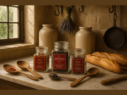 Elegant French kitchen with artisanal spice display