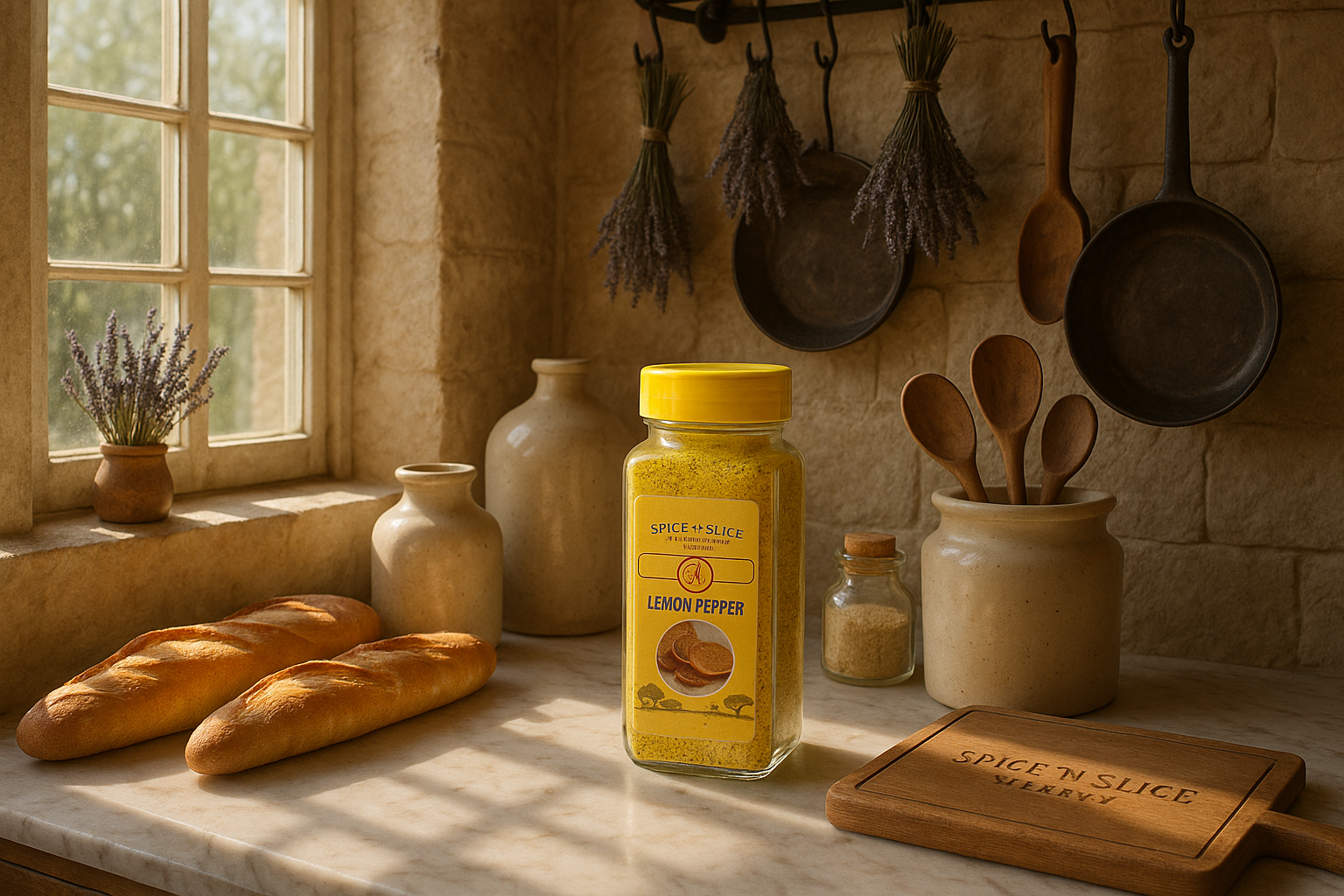 Elegant French kitchen with lemon pepper display