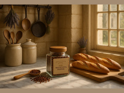 Elegant French kitchen with melegueta pepper display