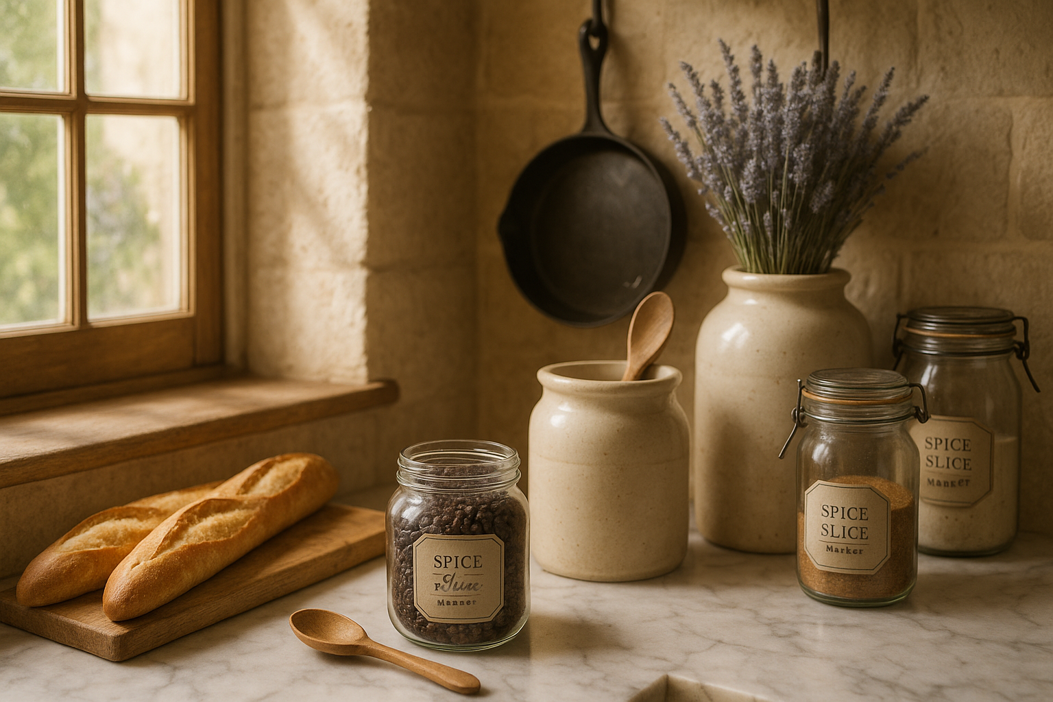 Elegant French kitchen with peppercorn display