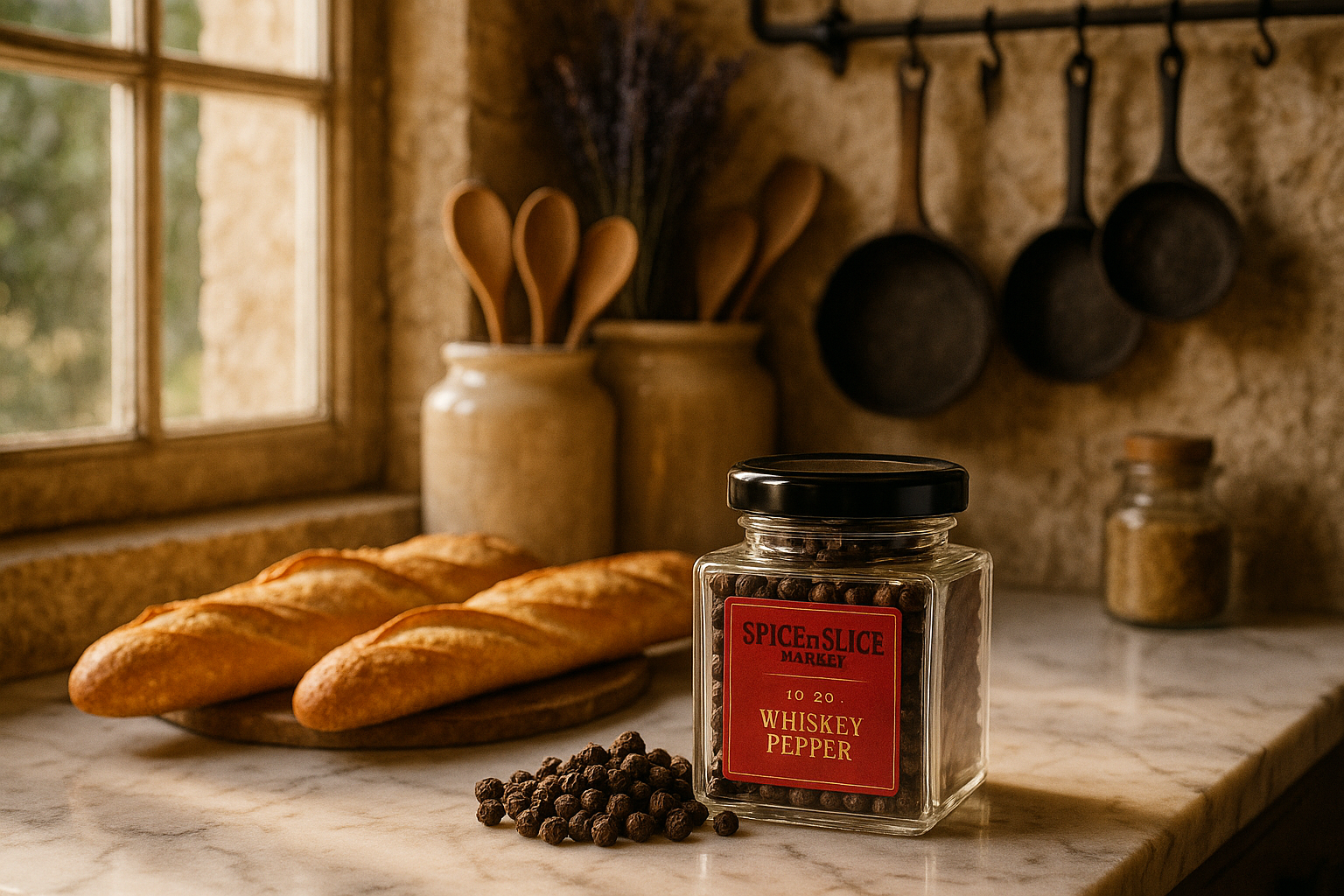 Elegant French kitchen with whiskey pepper display